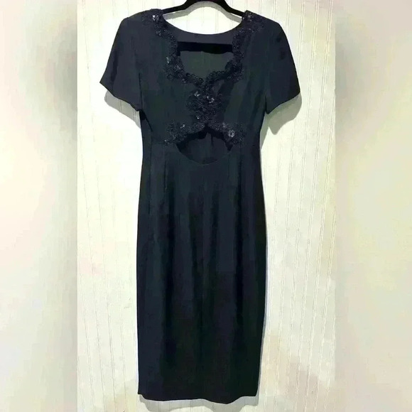 Vintage Maggie London midi dress with cutout sequin embellishment size 6 navy - Picture 1 of 5